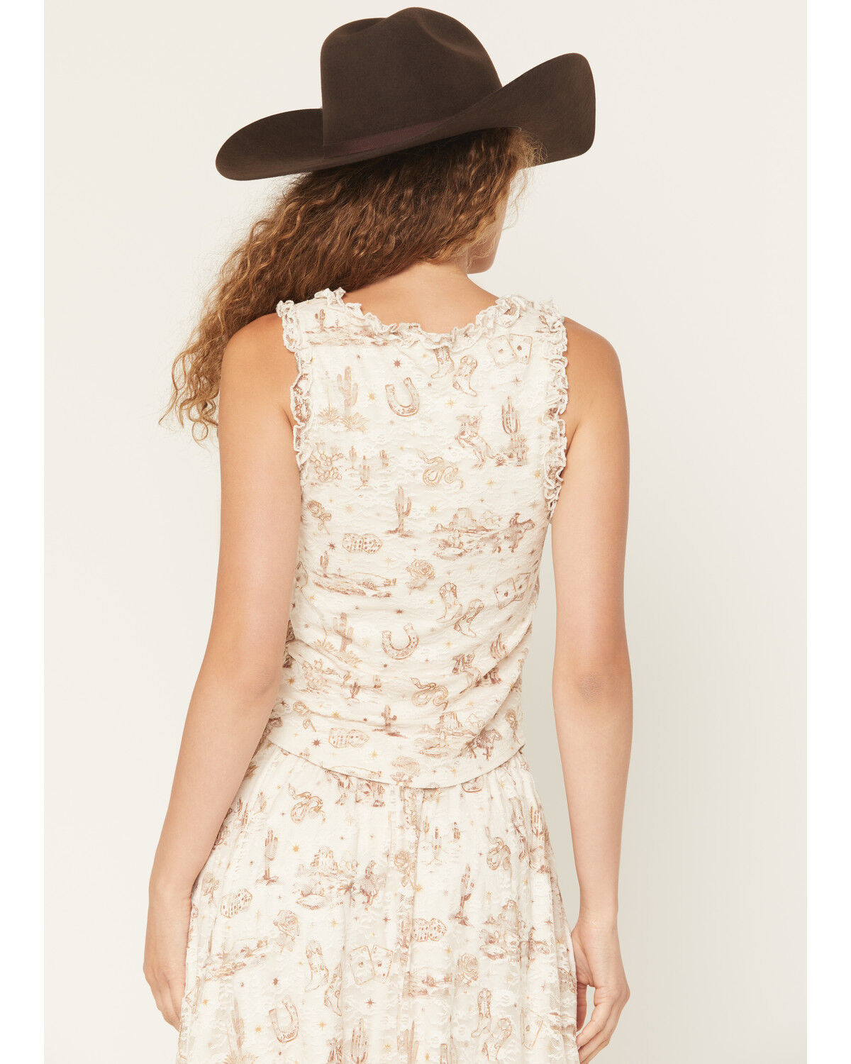 Image #4 - Shyanne Women's Western Conversation Print Lace Sleeveless Ruffle Tank Top, Cream, hi-res