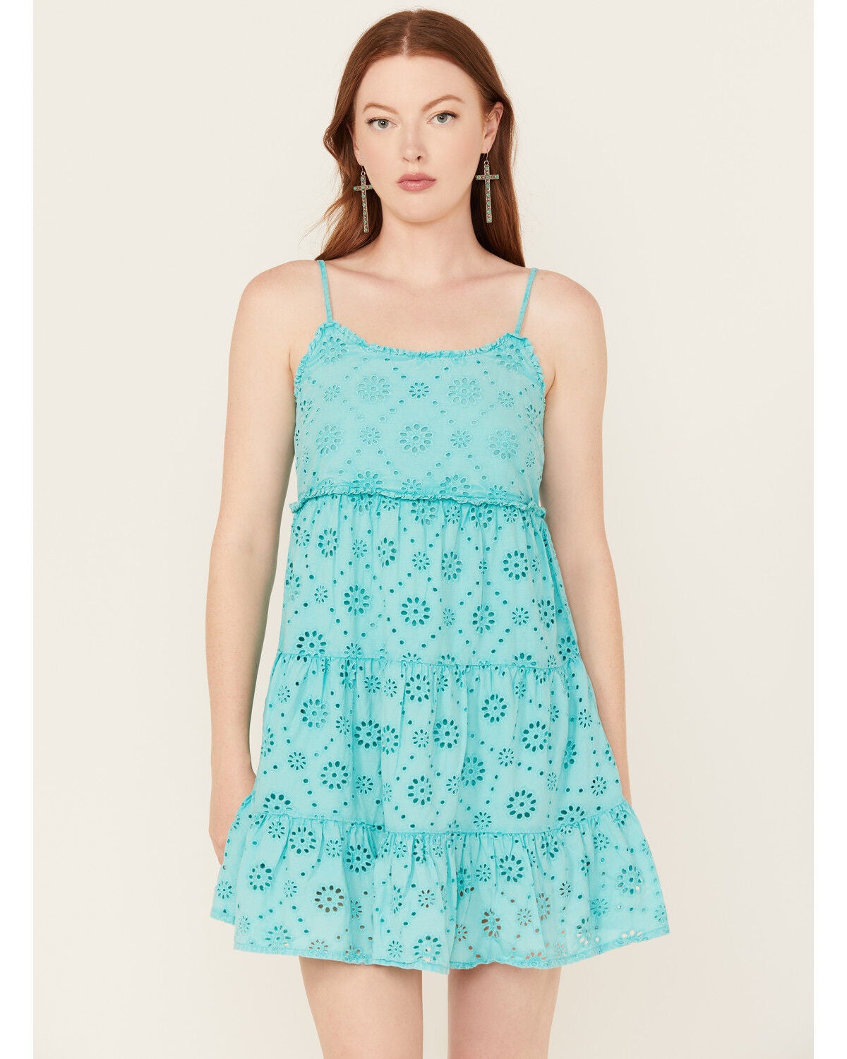 Rock & Roll Denim Women's Eyelet Sleeveless Mini Dress, Teal, hi-res