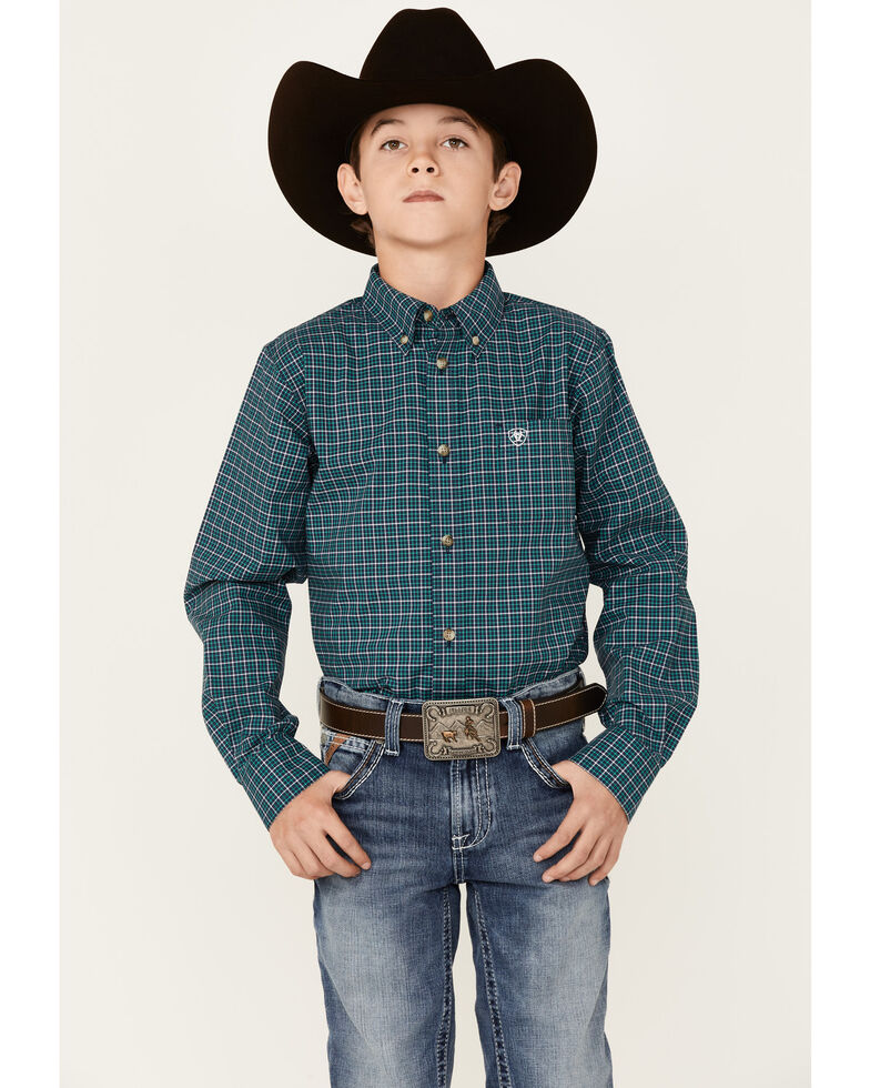 Ariat Boys' Declan Stretch Small Plaid Long Sleeve Button-Down Western Shirt , Teal, hi-res