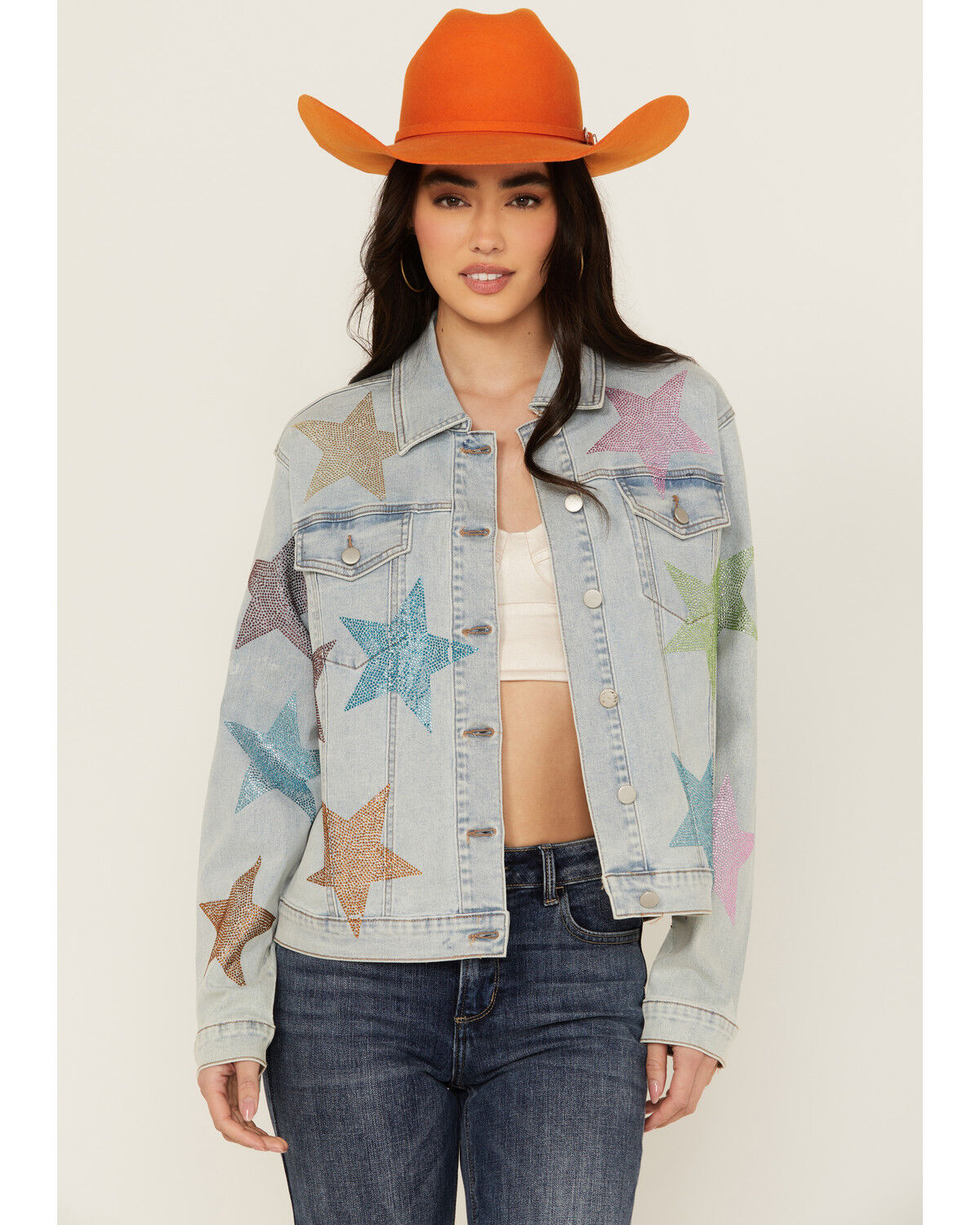Image #2 - Blue B Women's Light Wash Rhinestone Embellished Denim Jacket, Light Wash, hi-res