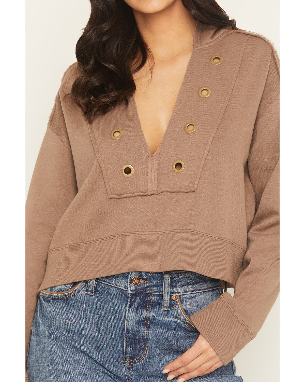 Image #3 - Cleo + Wolf Women's Solid Grommet Cropped Hoodie, Taupe, hi-res