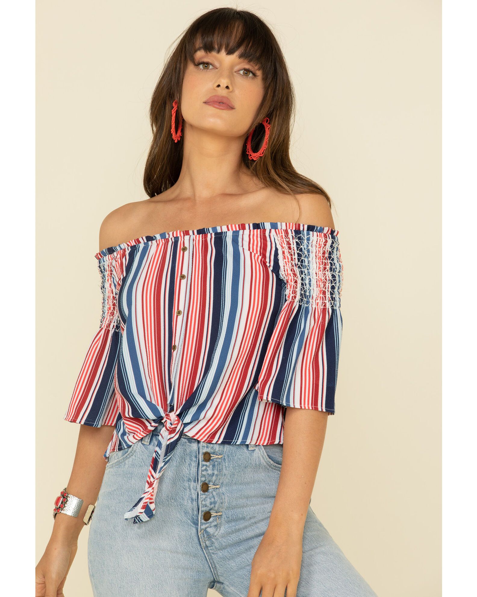 Red white and blue off the shoulder shirt store