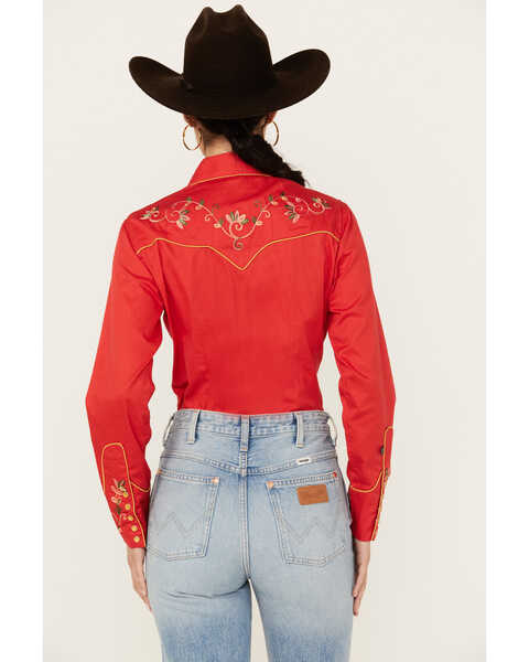 Image #4 - Rockmount Ranchwear Women's Floral Embroidered Long Sleeve Pearl Snap Western Shirt, Red, hi-res