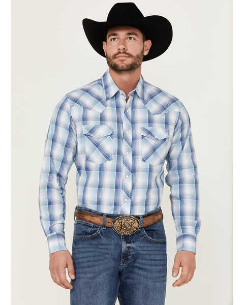Image #1 - Wrangler 20X Men's Advanced Comfort Plaid Print Long Sleeve Snap Stretch Western Shirt -Tall , Blue, hi-res
