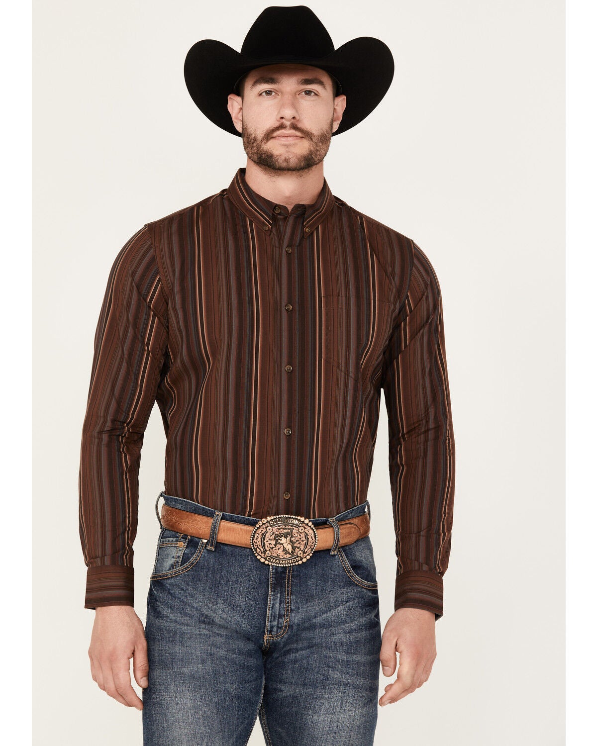 Cody James Men's Preston Striped Print Long Sleeve Button-Down Western Shirt, Brown, hi-res