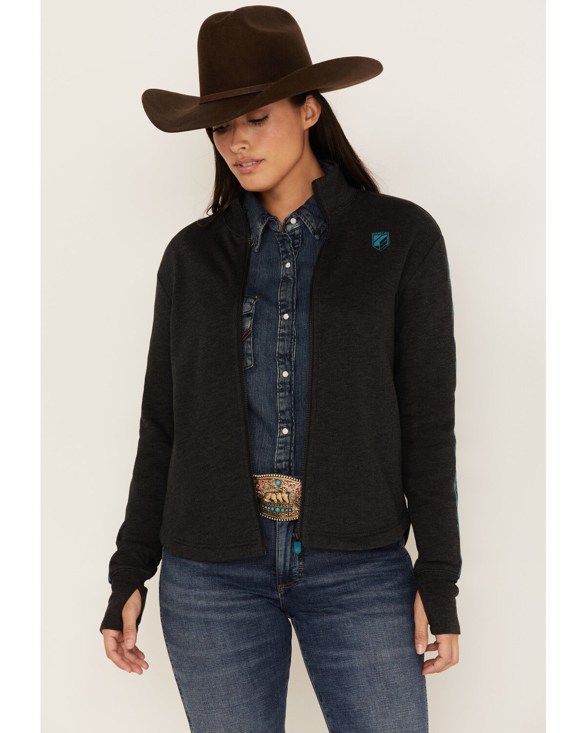 Image #1 - RANK 45® Women's Logo Fleece Performance Zip-Up Pullover, Black, hi-res