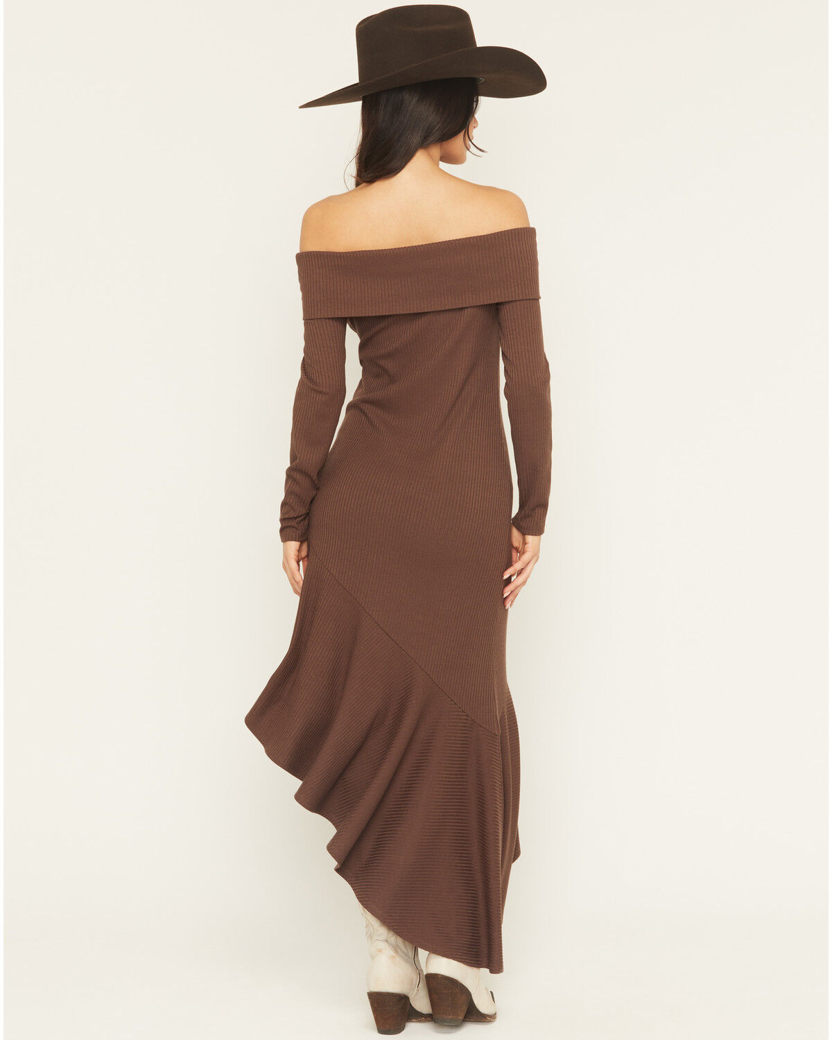 Image #4 - Shyanne Women's Rib Knit Off The Shoulder Long Sleeve Asymmetrical Dress, Brown, hi-res
