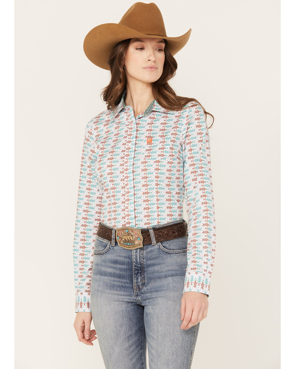Image #1 - Cinch Women's Southwestern Print Long Sleeve Button Down Western Shirt, White, hi-res