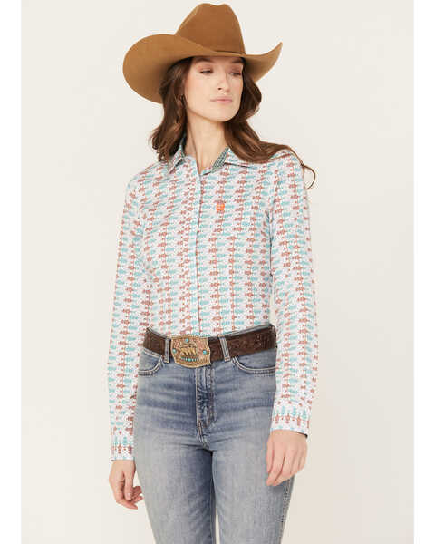Image #1 - Cinch Women's Southwestern Print Long Sleeve Button Down Western Shirt, White, hi-res