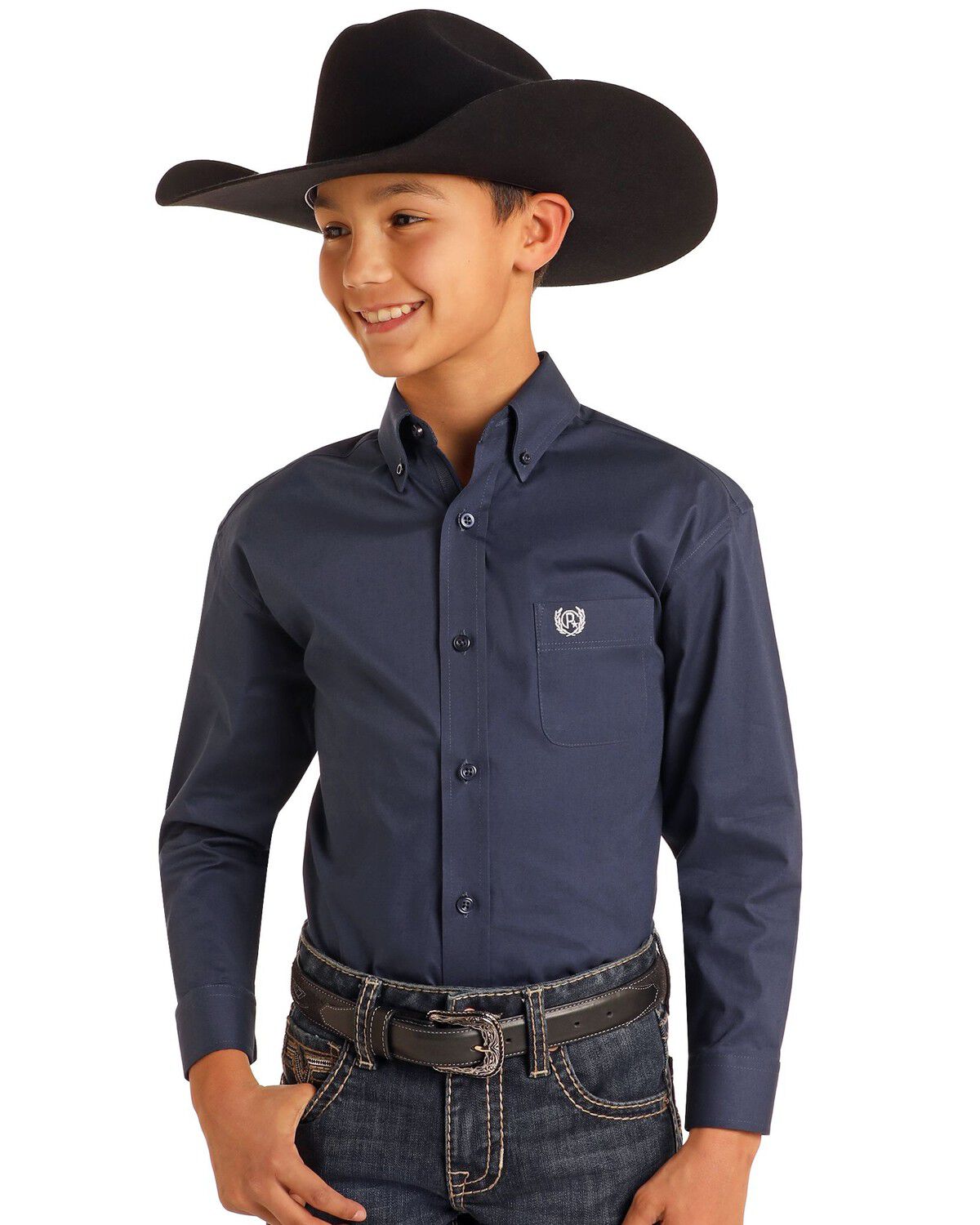 Image #1 - Panhandle Select Boys' Solid Long Sleeve Button-Down Stretch Western Shirt, Navy, hi-res