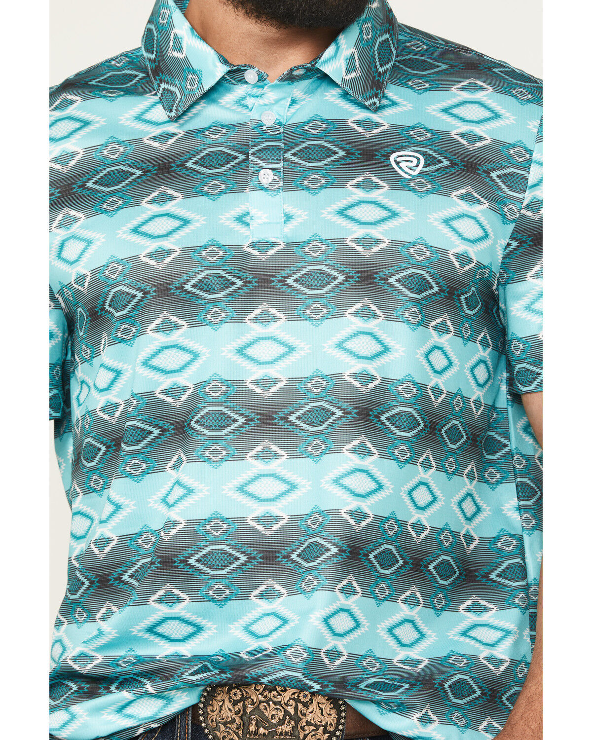 Image #3 - Rock & Roll Denim Men's Southwestern Print Short Sleeve Button-Down Stretch Polo Shirt, Turquoise, hi-res