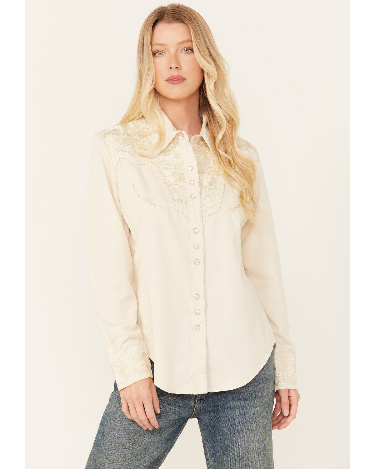 Image #1 - Scully Women's Floral Embroidered Long Sleeve Pearl Snap Western Shirt, Ivory, hi-res