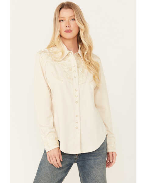 Scully Women's Floral Embroidered Long Sleeve Pearl Snap Western Shirt , Ivory, hi-res