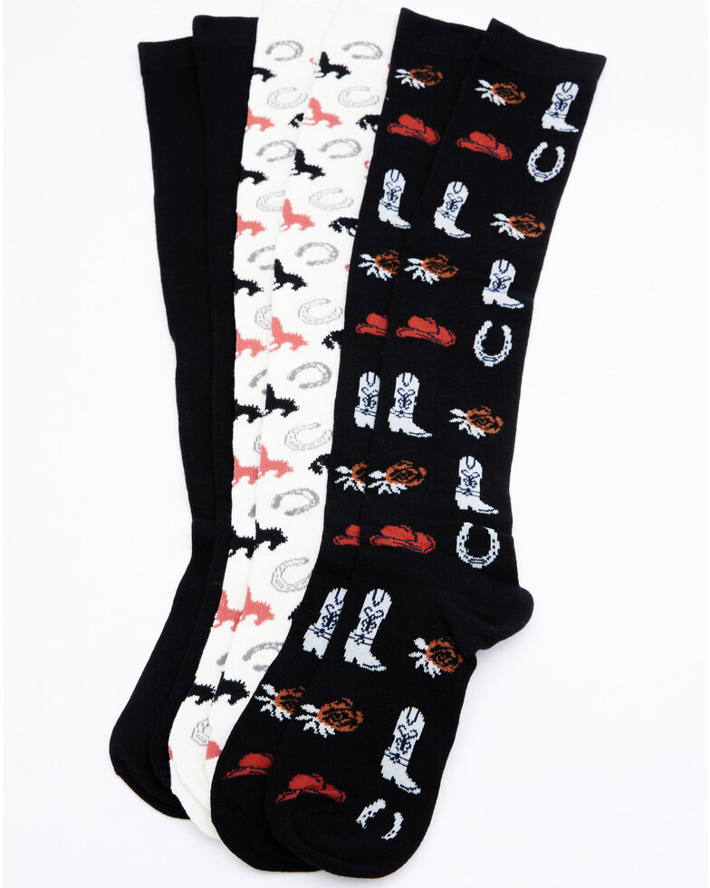 Shyanne Women's Cowgirl Gear Knee High Socks - 3 Pack, Black, hi-res