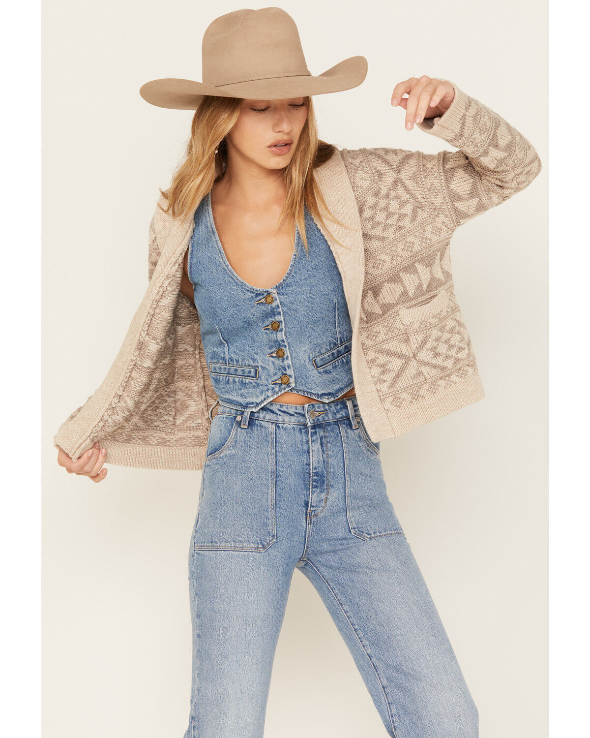 Image #1 - Stetson Women's Southwestern Stripe Knit Cropped Cardigan, Cream, hi-res