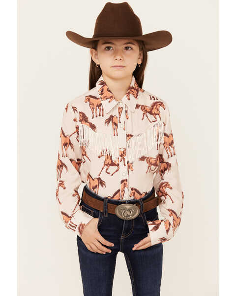 Image #1 - Panhandle Girls' Horse Print Fringe Long Sleeve Snap Western Shirt , Natural, hi-res