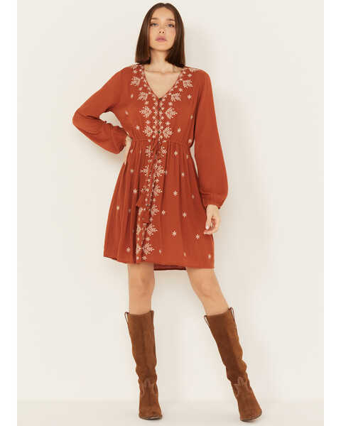 Image #1 - Jolt Women's Embroidered Long Sleeve Dress, Rust Copper, hi-res