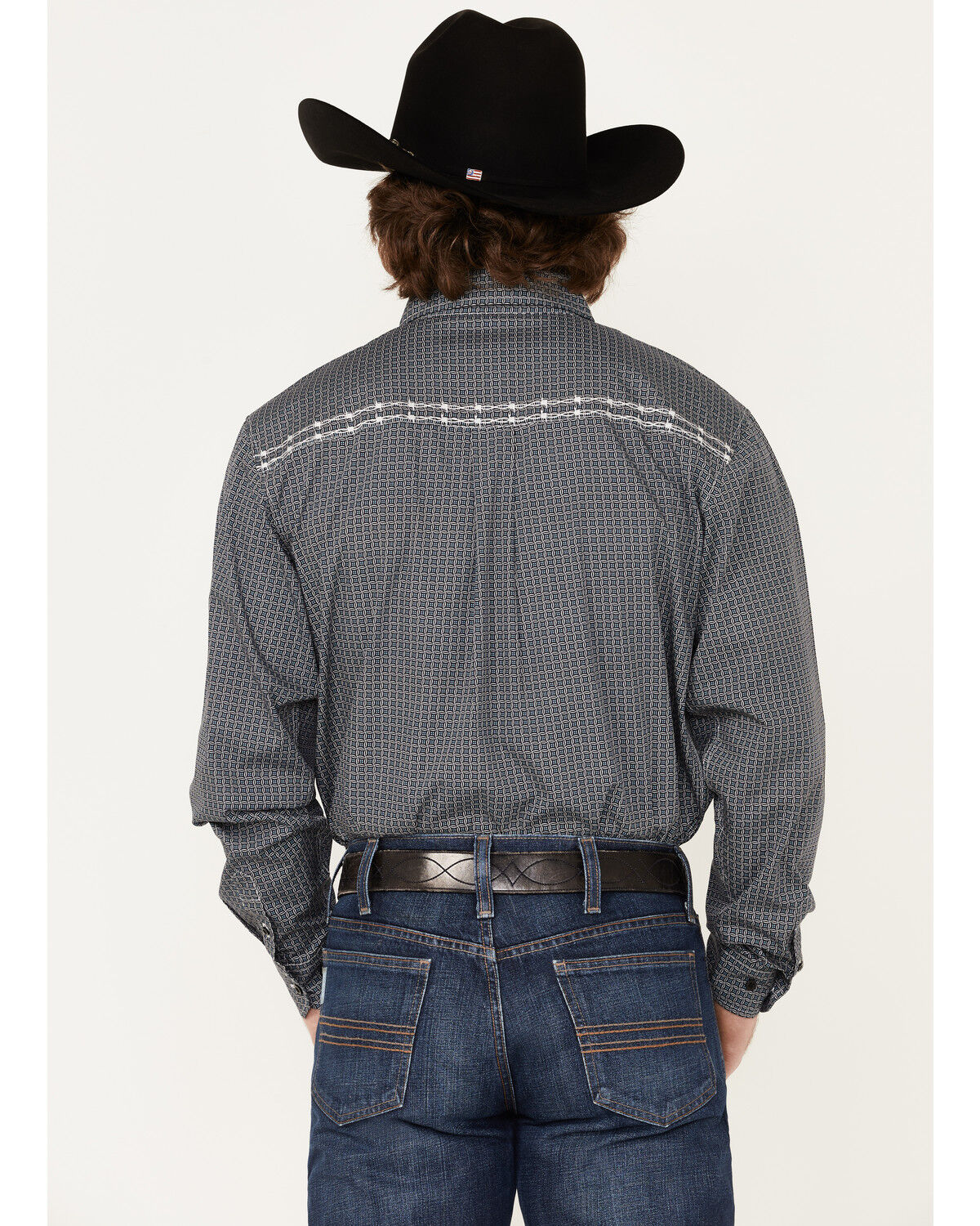 Image #4 - Cowboy Hardware Men's Wavy Square Geo Print Button Down Western Shirt, Navy, hi-res