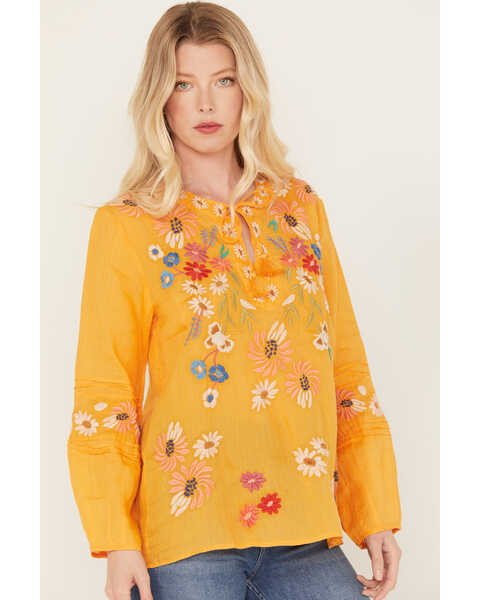 Image #2 - Johnny Was Women's Marissa Floral Embroidered Long Sleeve Pintuck Blouse , Gold, hi-res