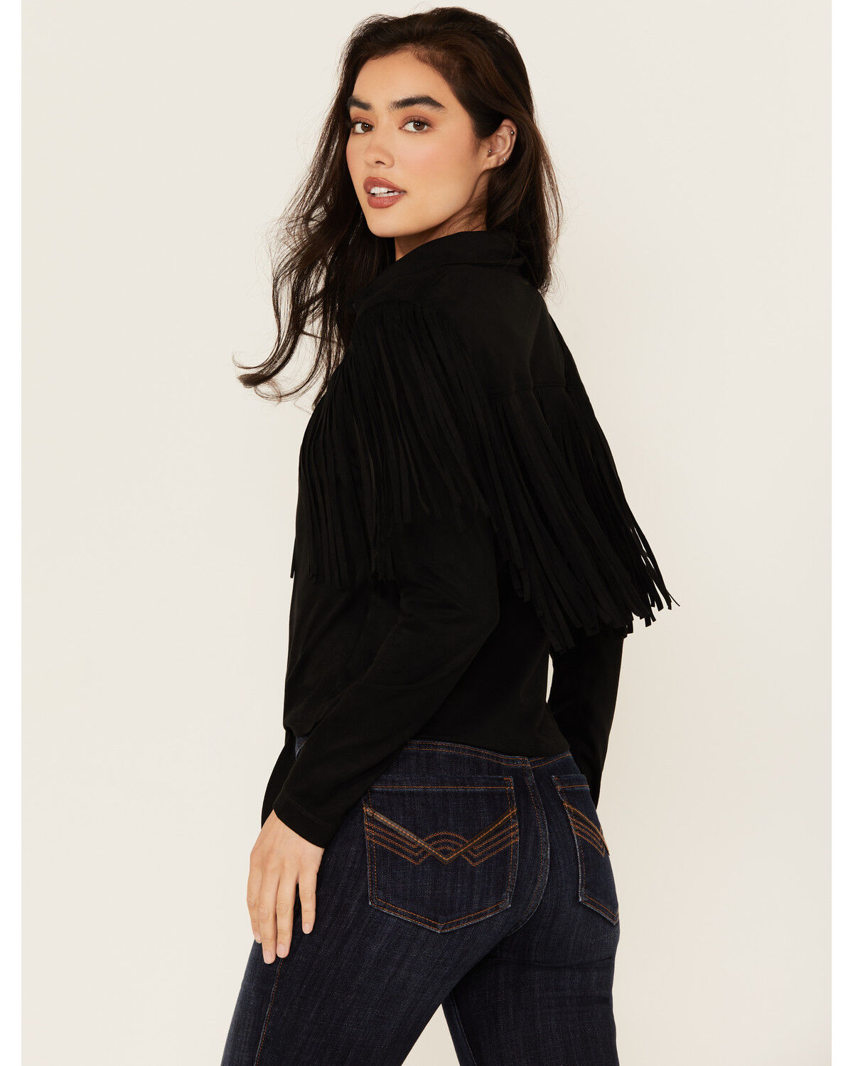 Image #4 - Idyllwind Women's Fate Faux Suede Fringe Long Sleeve Button-Down Tie-Front Shirt, Black, hi-res