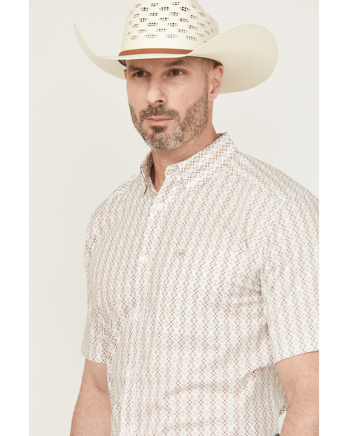 Image #2 - Ariat Men's Carlo Tonal Geo Print Short Sleeve Button-Down Western Shirt, Sand, hi-res