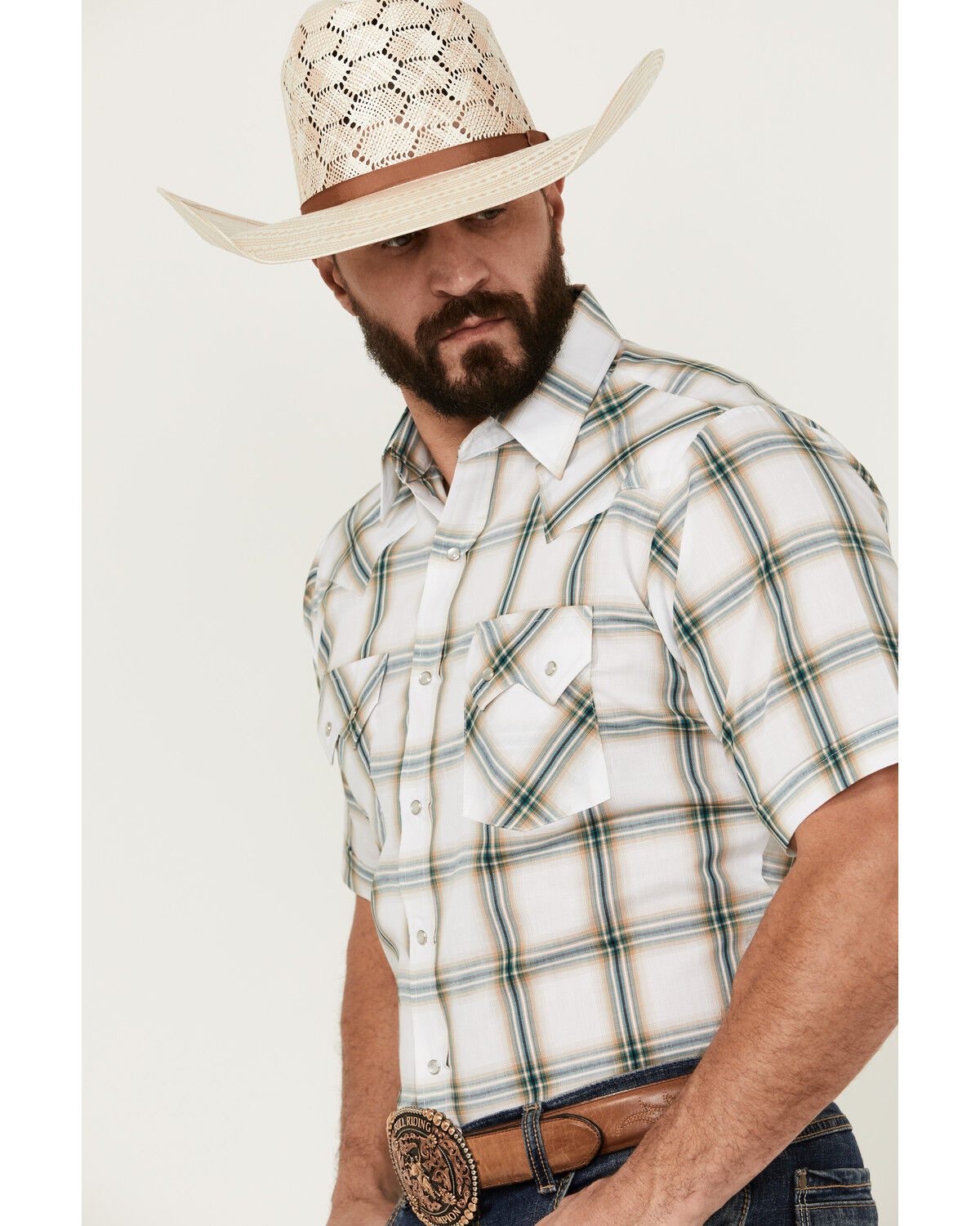 Image #2 - Ely Walker Men's Plaid Print Short Sleeve Pearl Snap Western Shirt, White, hi-res