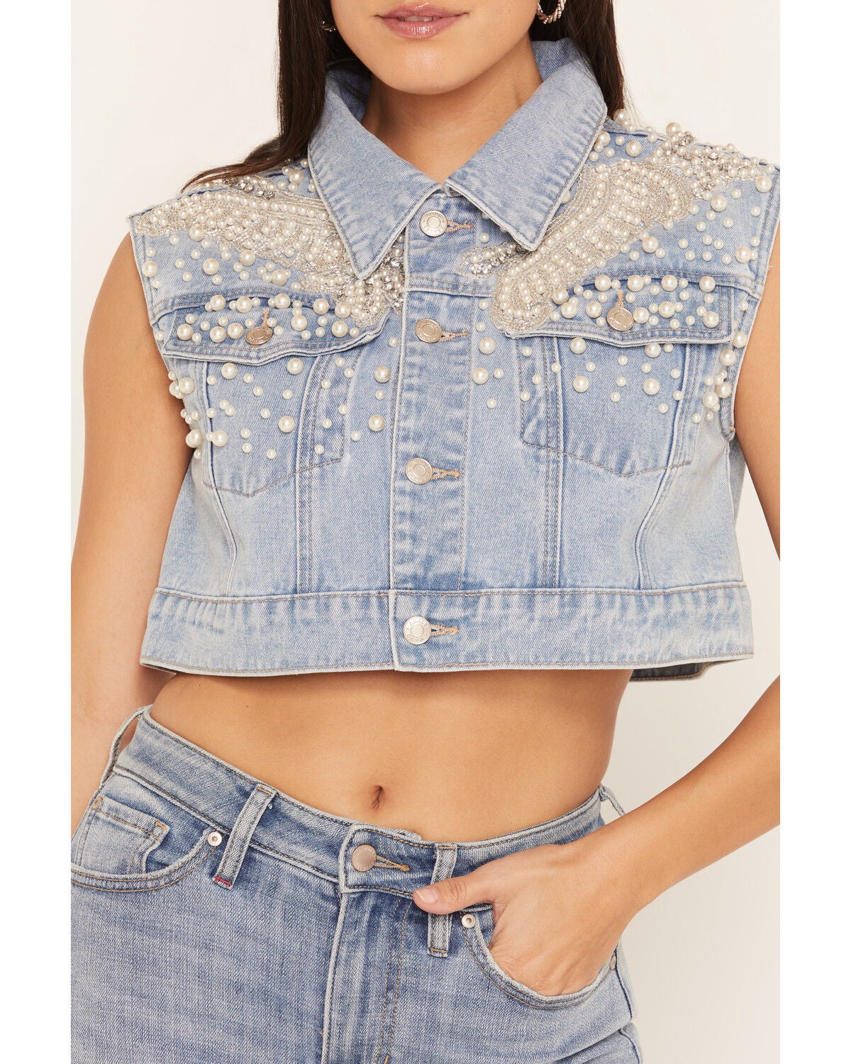 Image #3 - Azalea Wang Women's Adalyn Pearl Embellished Cropped Trucker Vest, Medium Wash, hi-res