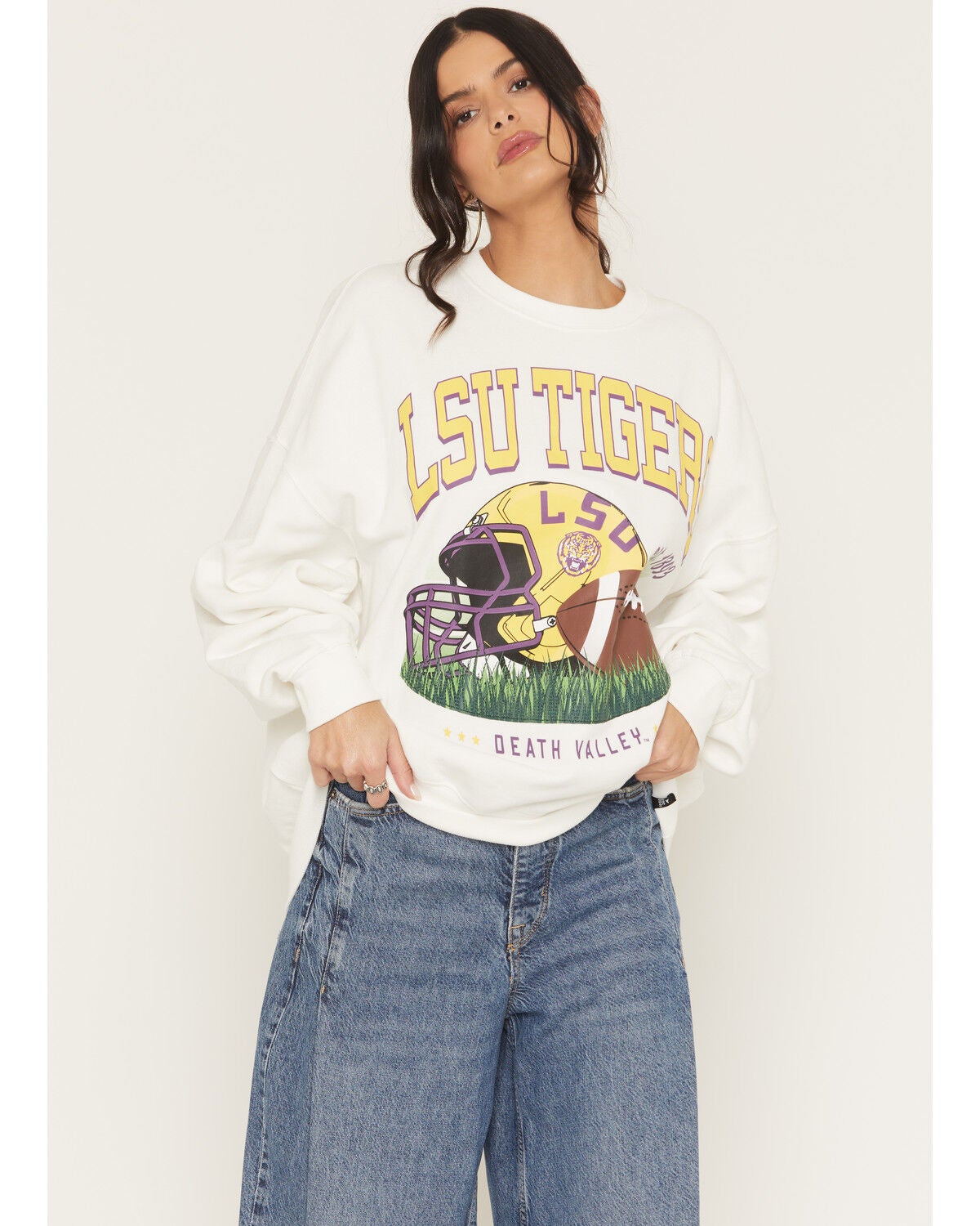 Gameday Women's LSU Tigers Helmet Embroidered Graphic Crewneck, White, hi-res