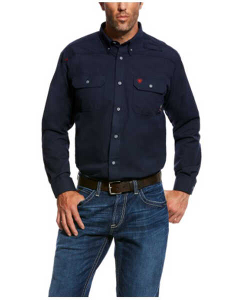 Ariat Men's FR Featherlight Long Sleeve Button Down Work Shirt - Tall , Navy, hi-res