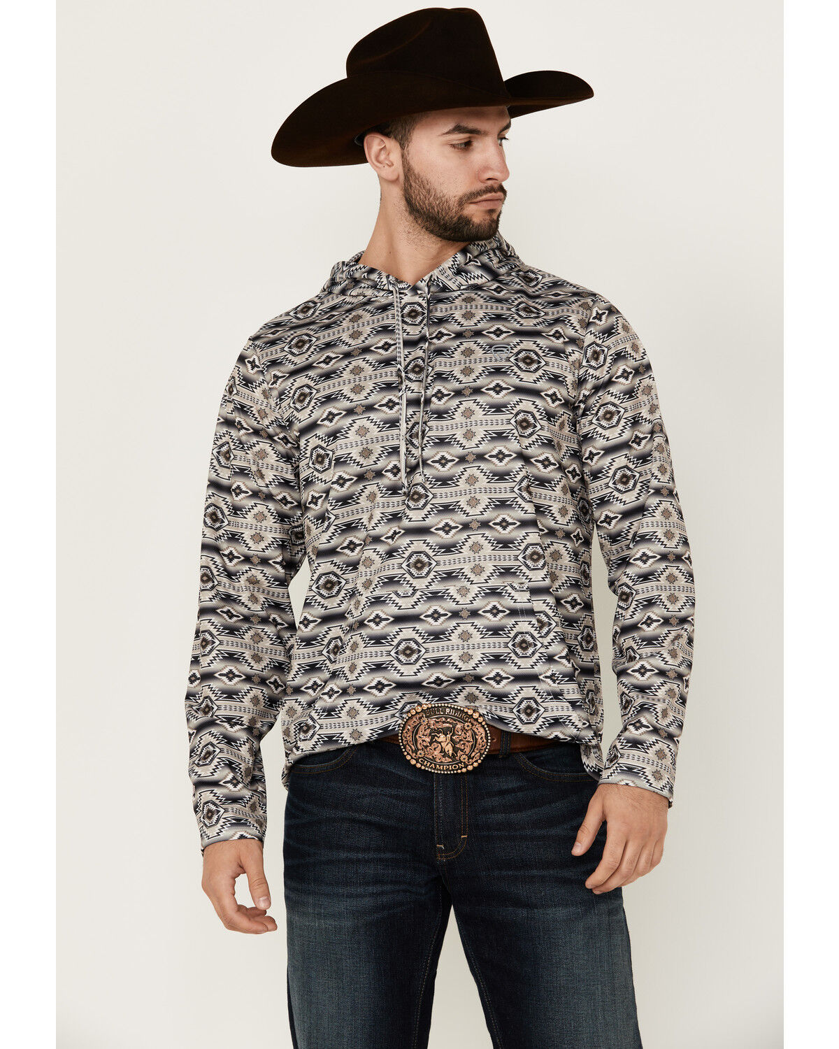 Image #1 - Rock & Roll Denim Men's Southwestern Print Hooded Sweatshirt, Dark Brown, hi-res