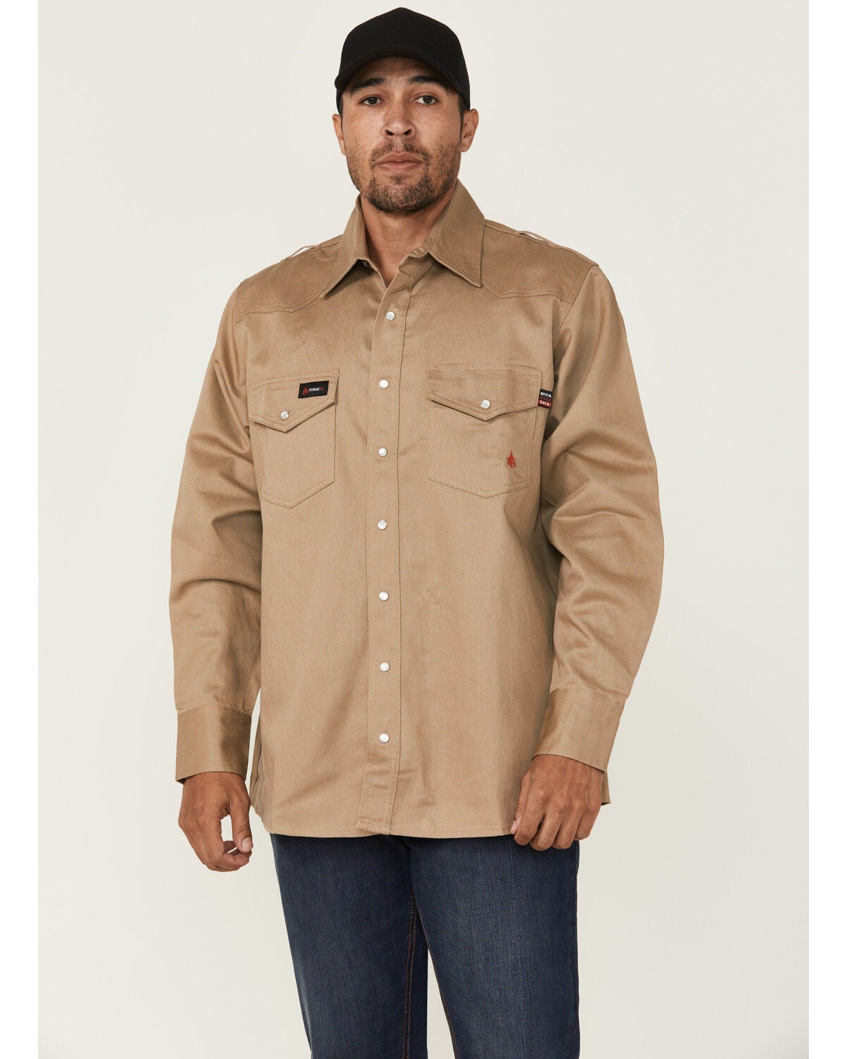 Forge Workwear Men's FR Solid Long Sleeve Snap Work Shirt, Khaki, hi-res