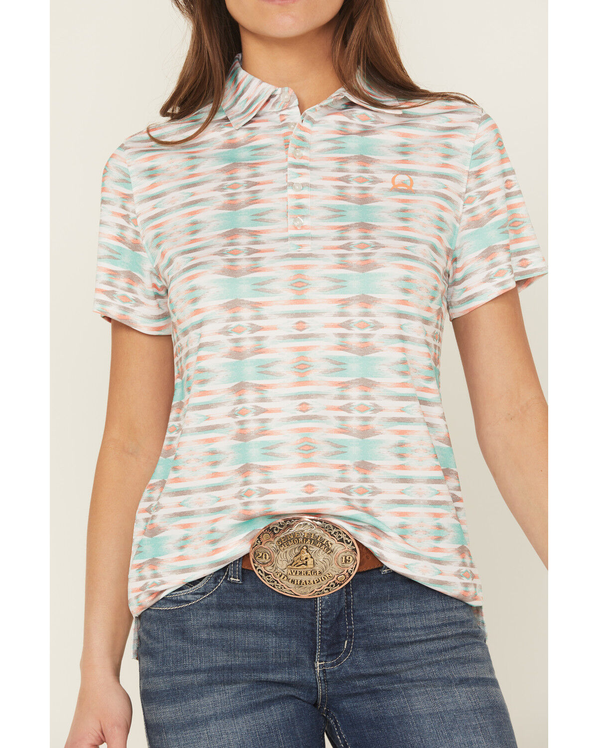 Image #3 - Cinch Women's Southwestern Print Short Sleeve Button-Down Polo, White, hi-res