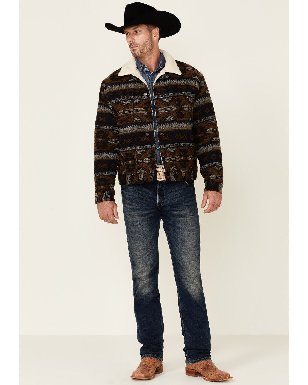 Image #2 - Wrangler Men's Brown Whiskey Jacquard Southwestern Print Button-Front Sherpa Jacket , , hi-res