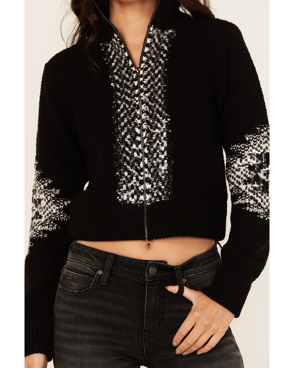 Image #4 - Idyllwind Women's Dallas Sequins Cropped Zip Front Sweater, Black, hi-res