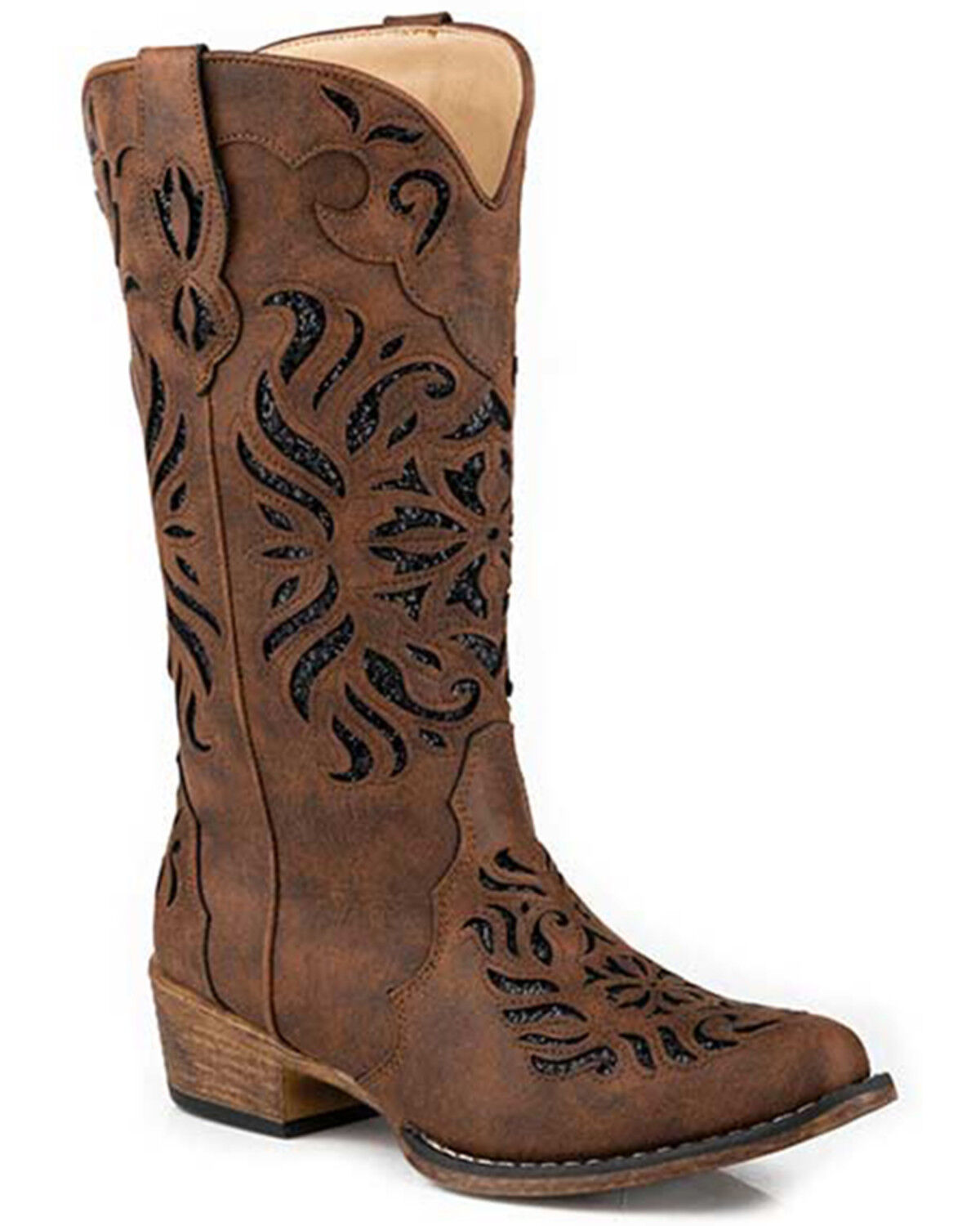 Image #1 - Roper Women's Riley Glitz Glitter Inlay Western Boots - Snip Toe, Brown, hi-res