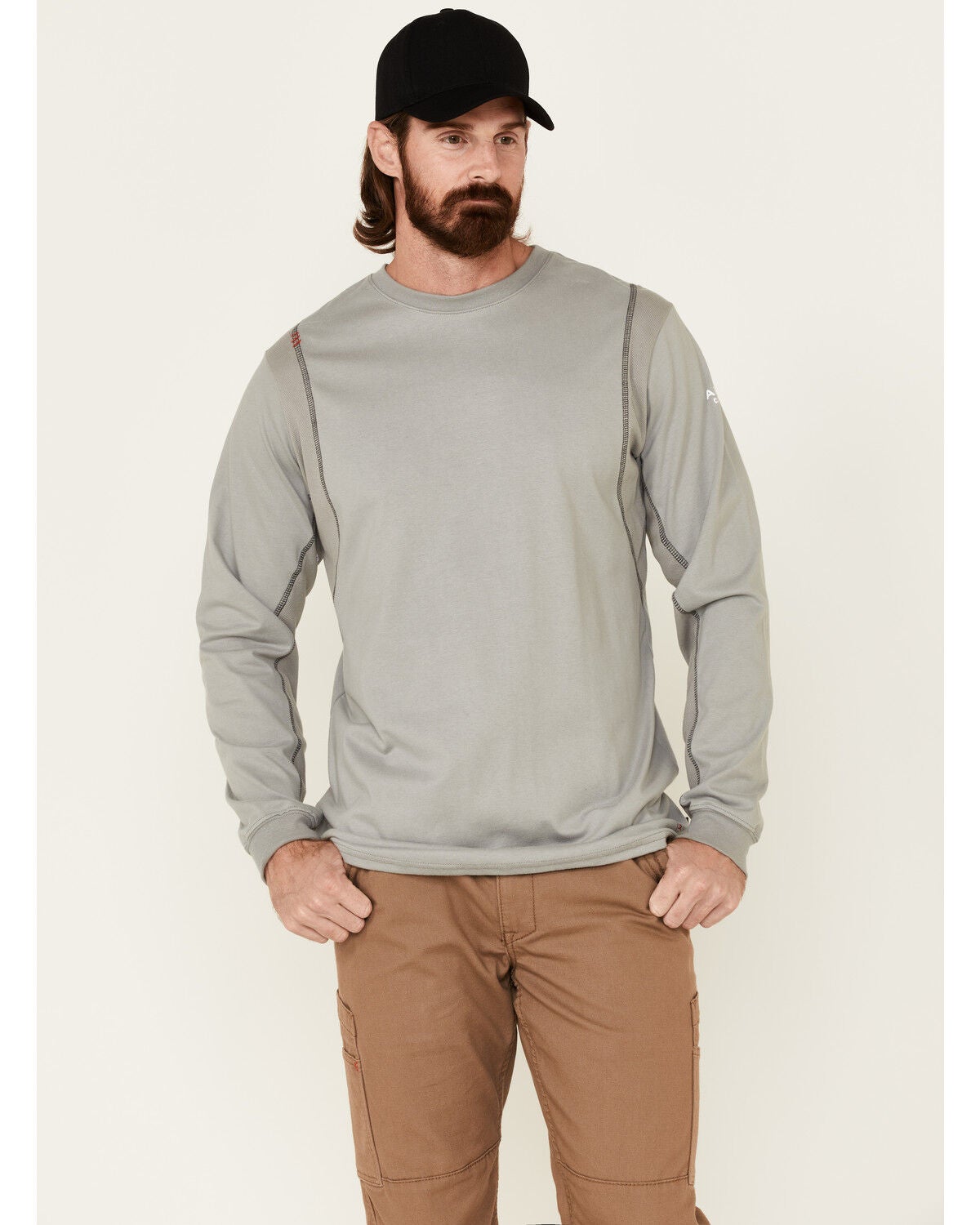 Ariat Men's Boot Barn Exclusive FR Crew Neck Long Sleeve T-Shirt, Grey, hi-res