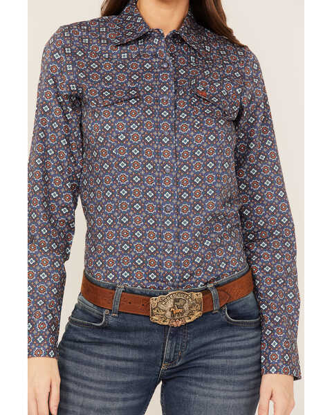 Image #3 - Cinch Women's Tile Print Long Sleeve Snap Western Core Shirt, Blue, hi-res