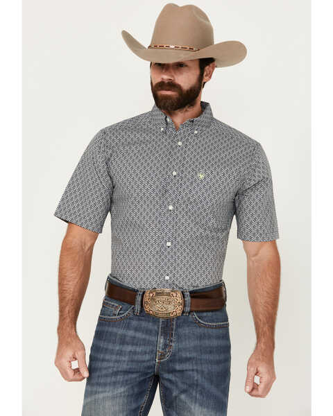 Image #1 - Ariat Men's Trace Mosaic Geo Print Fitted Short Sleeve Button-Down Western Shirt, Dark Blue, hi-res