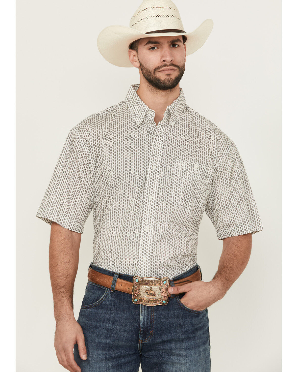 Image #1 - Wrangler Men's Geo Print Short Sleeve Button-Down Stretch Western Shirt, White, hi-res
