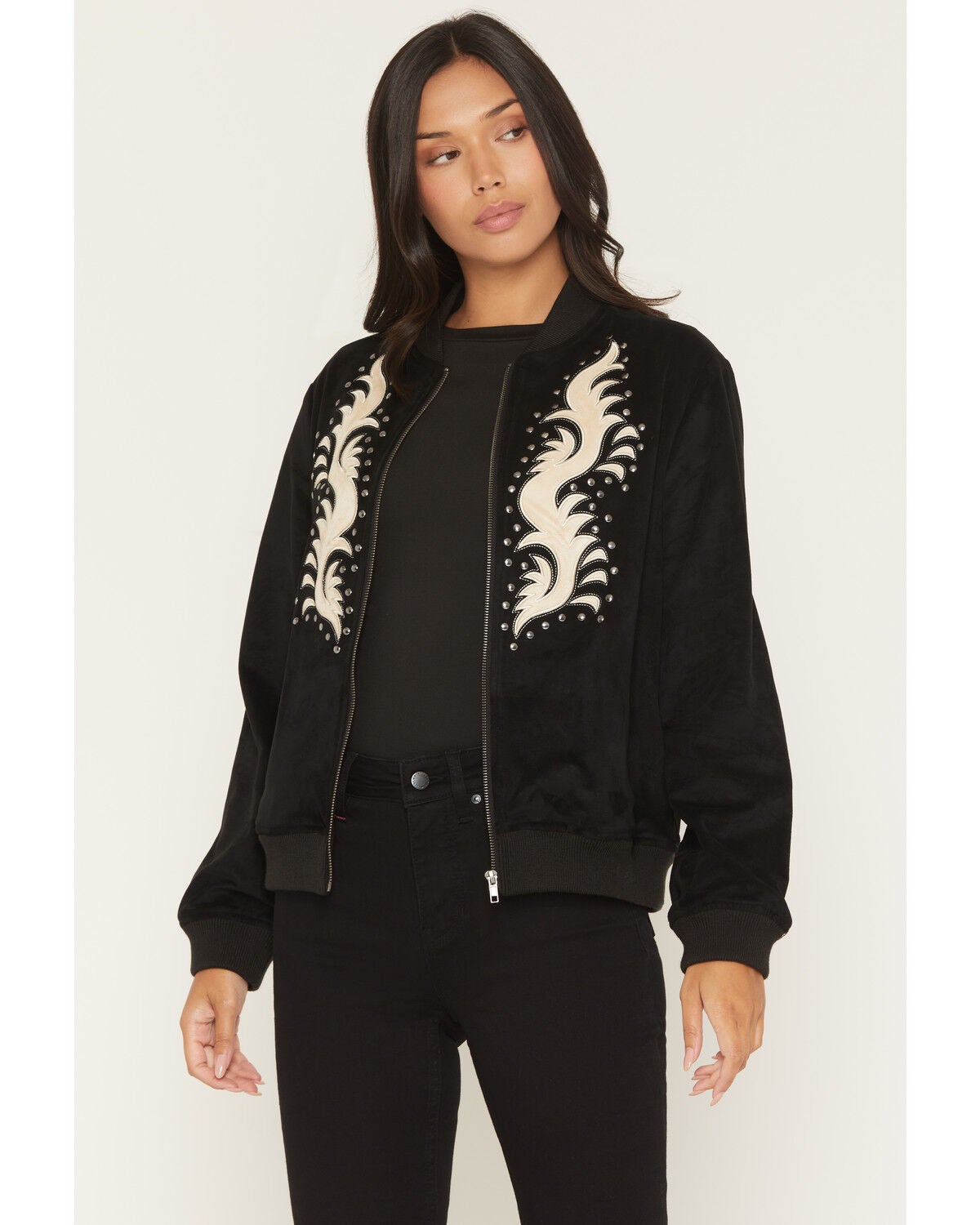Image #1 - Rock & Roll Denim Women's Microsuede Studded Bomber Jacket, Black, hi-res