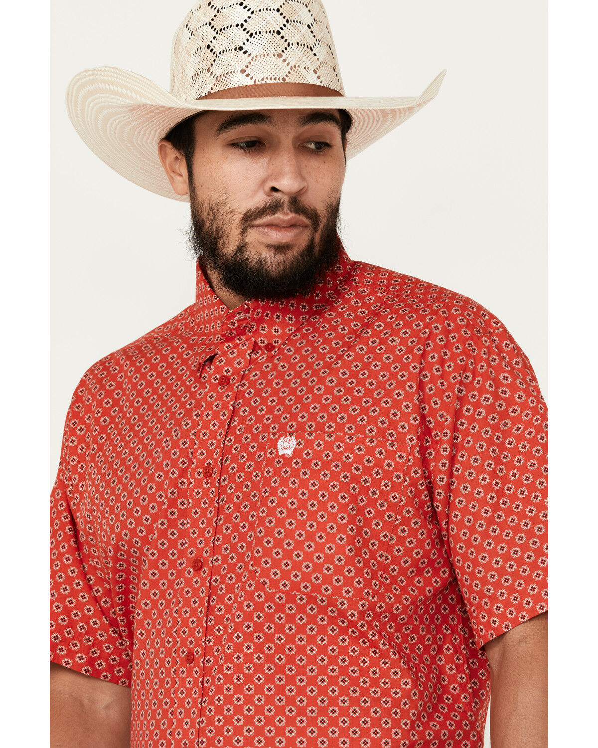 Image #2 - Cinch Men's Geo Print Short Sleeve Button-Down Western Shirt, Red, hi-res