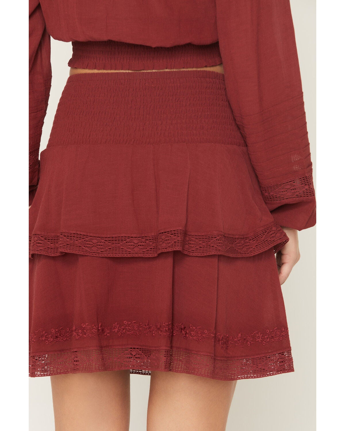 Image #5 - Shyanne Women's Embroidered Flutter Mini Skirt, Burgundy, hi-res