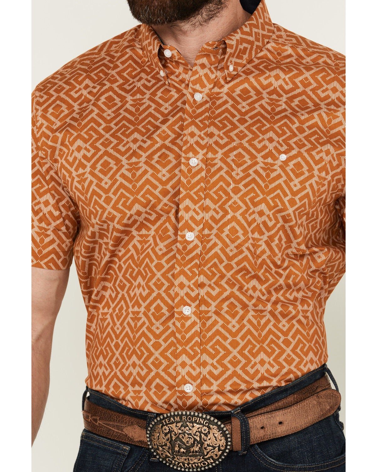 Image #3 - RANK 45&reg; Men's Decker Geo Print Short Sleeve Performance Stretch Button-Down Western Shirt, Gold, hi-res