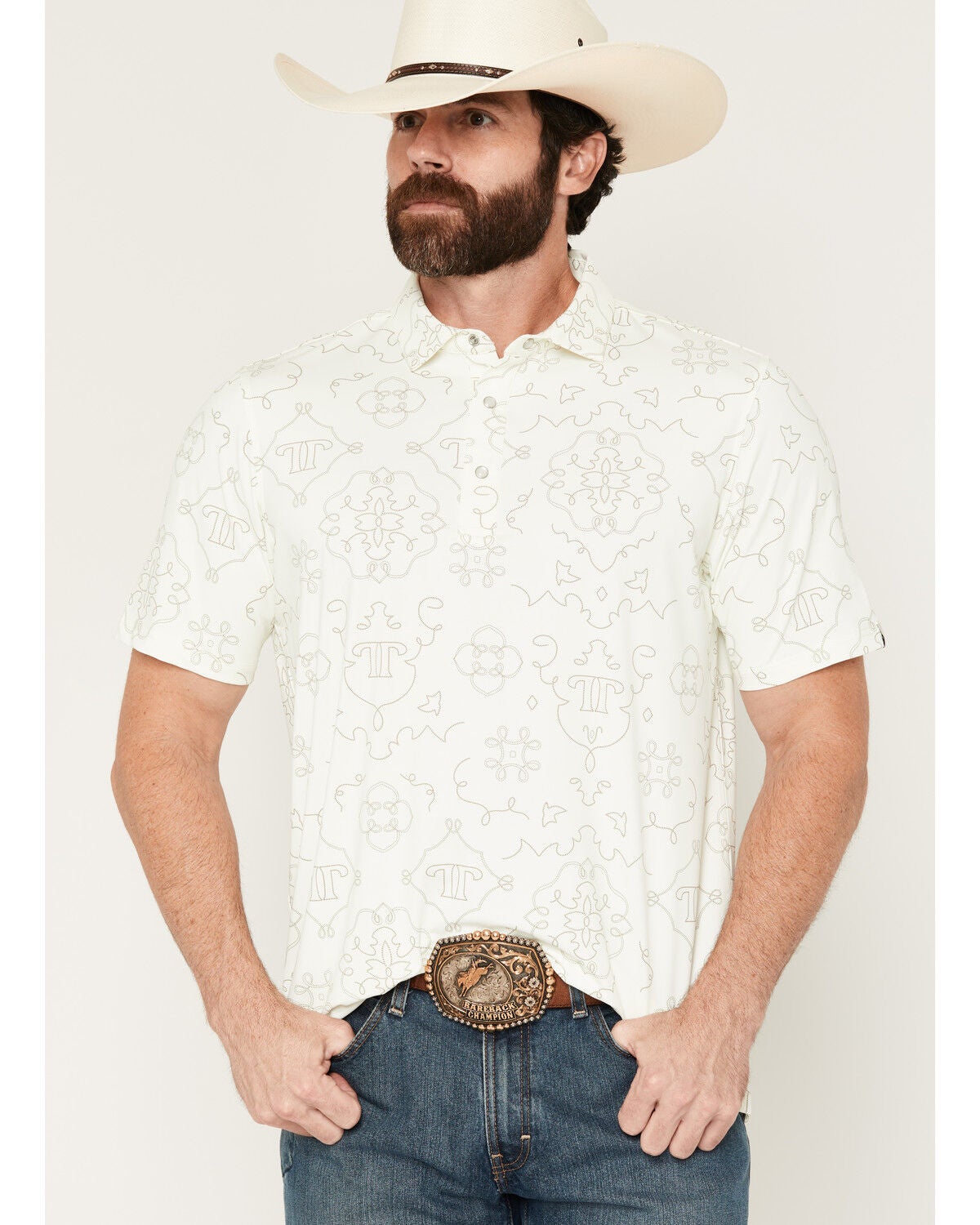 Image #1 - Ferrell Men's Carson Novelty Short Sleeve Snap Stretch Polo Shirt, Cream, hi-res