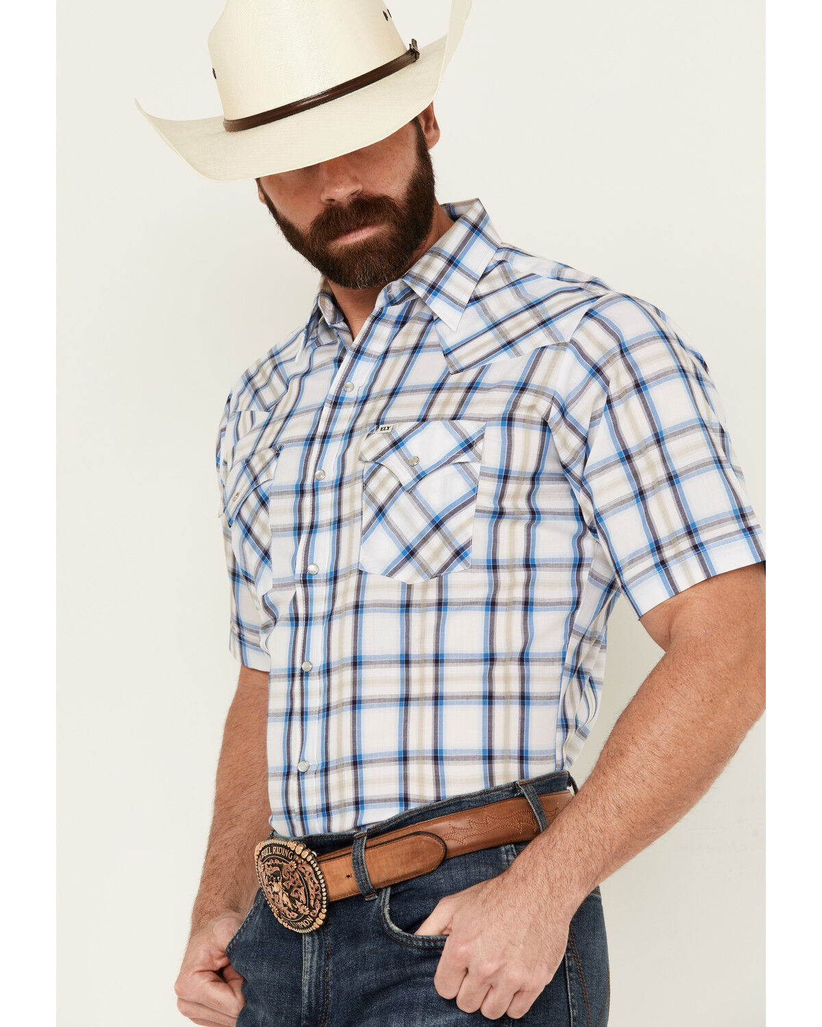 Image #2 - Ely Walker Men's Plaid Print Short Sleeve Pearl Snap Western Shirt, White, hi-res