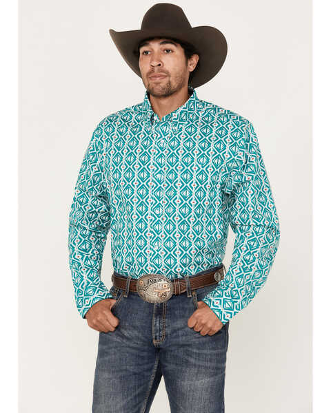 Image #1 - RANK 45® Men's Fearless Geo Long Sleeve Button-Down Western Shirt, Green, hi-res