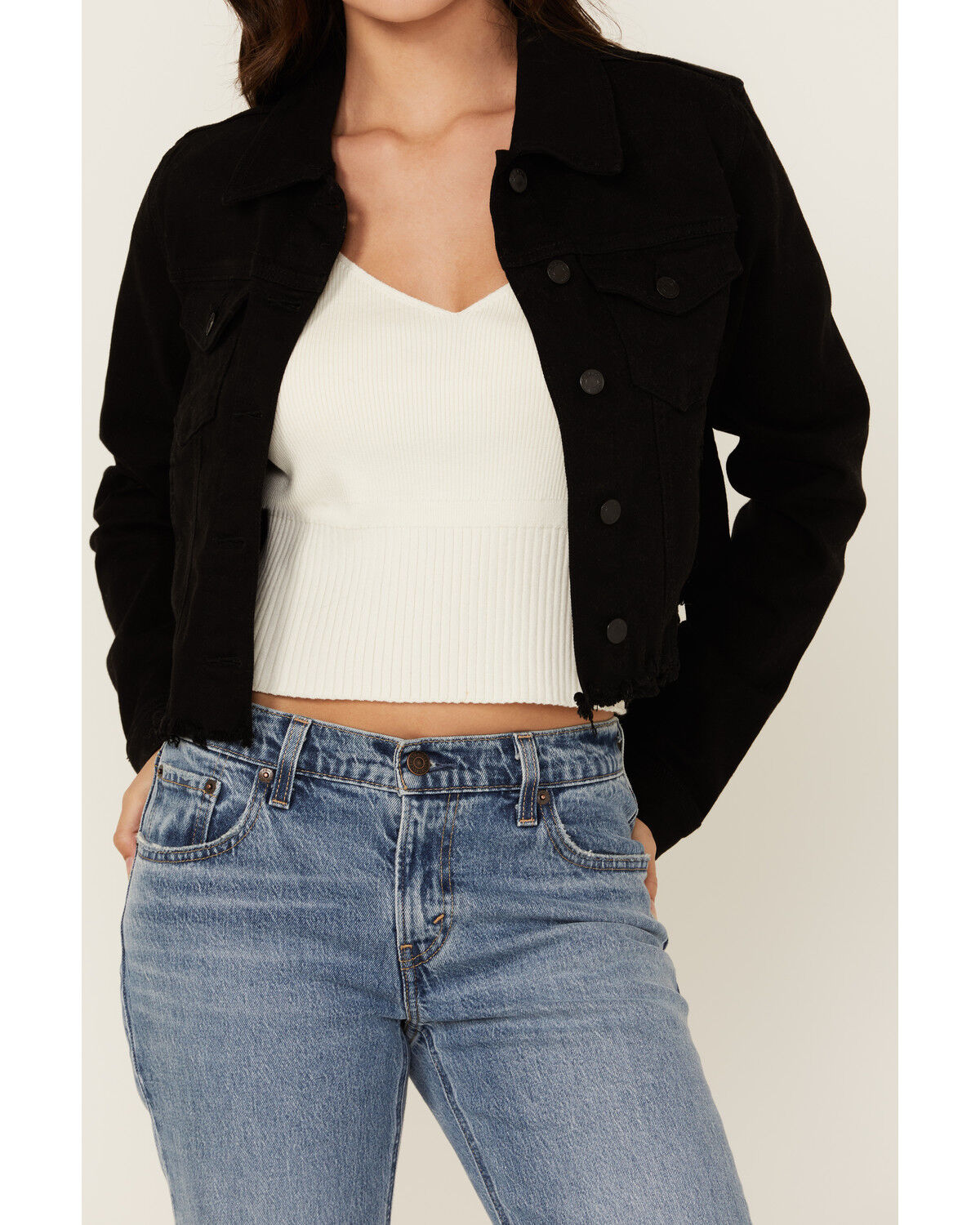 Image #3 - Cello Women's Frayed Cropped Denim Jacket, Black, hi-res
