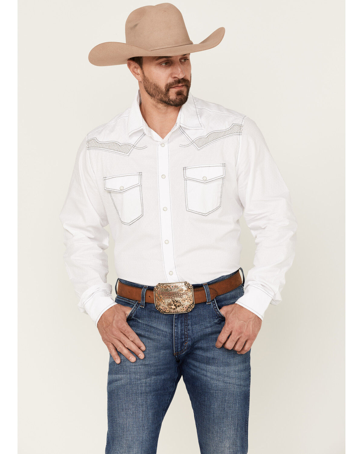 Image #1 - Rock 47 By Wrangler Men's Embroidered Long Sleeve Snap Western Shirt - Tall, White, hi-res