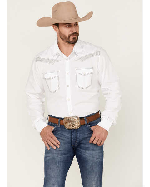 Image #1 - Rock 47 By Wrangler Men's Embroidered Long Sleeve Snap Western Shirt - Tall , White, hi-res