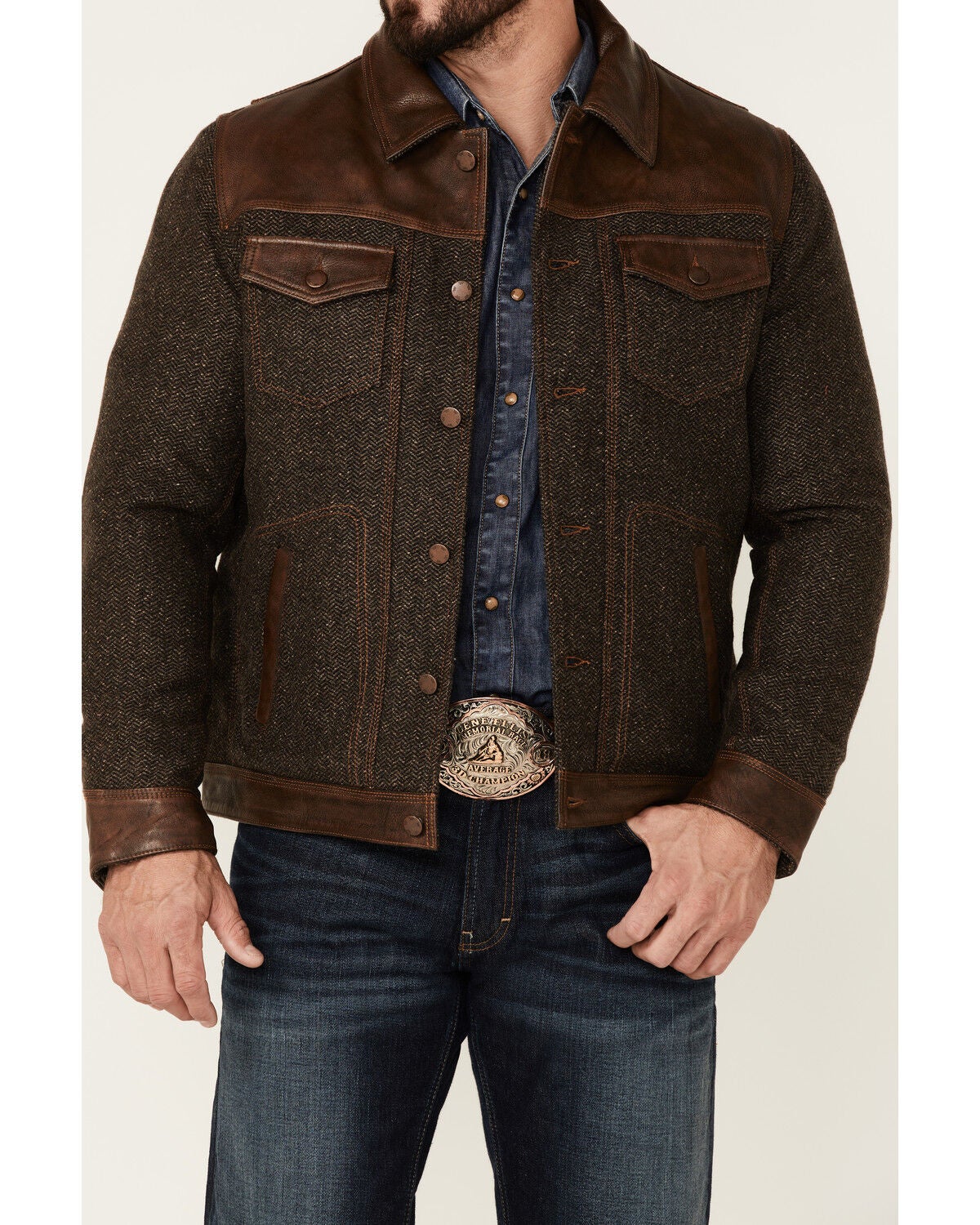 Image #3 - Scully Men's Vintage Herringbone Leather Trim Button-Front Jacket, Brown, hi-res
